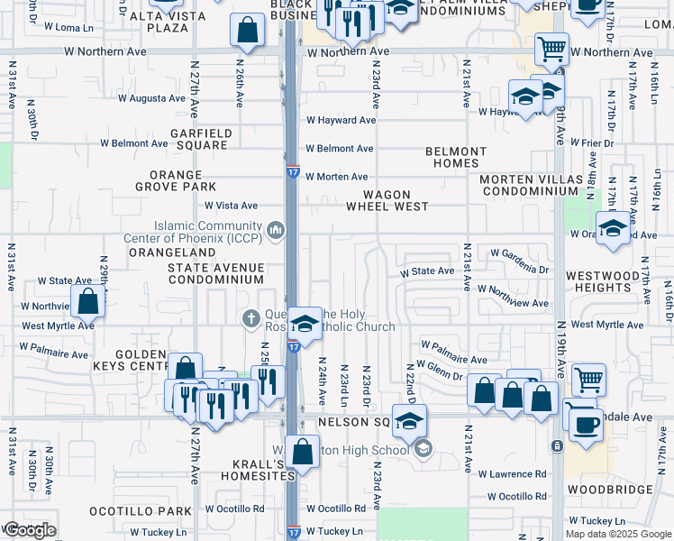 map of restaurants, bars, coffee shops, grocery stores, and more near 7316 North 23rd Lane in Phoenix