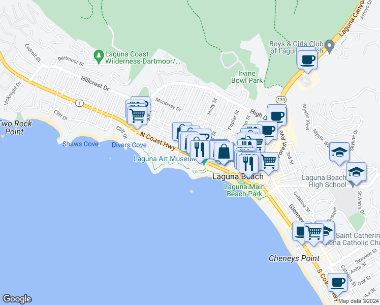map of restaurants, bars, coffee shops, grocery stores, and more near 364 North Coast Highway in Laguna Beach