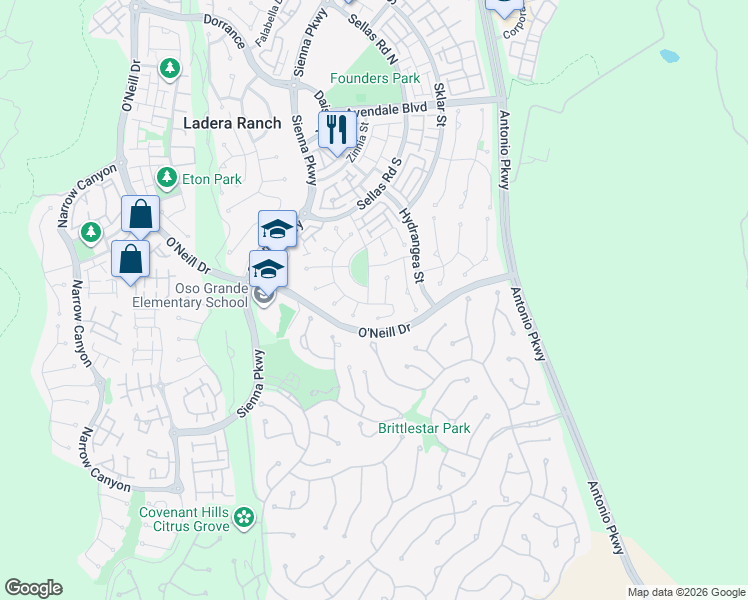 map of restaurants, bars, coffee shops, grocery stores, and more near 68 Tuberose Street in Mission Viejo