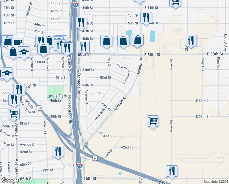 map of restaurants, bars, coffee shops, grocery stores, and more near 5408 Avenue B in Lubbock