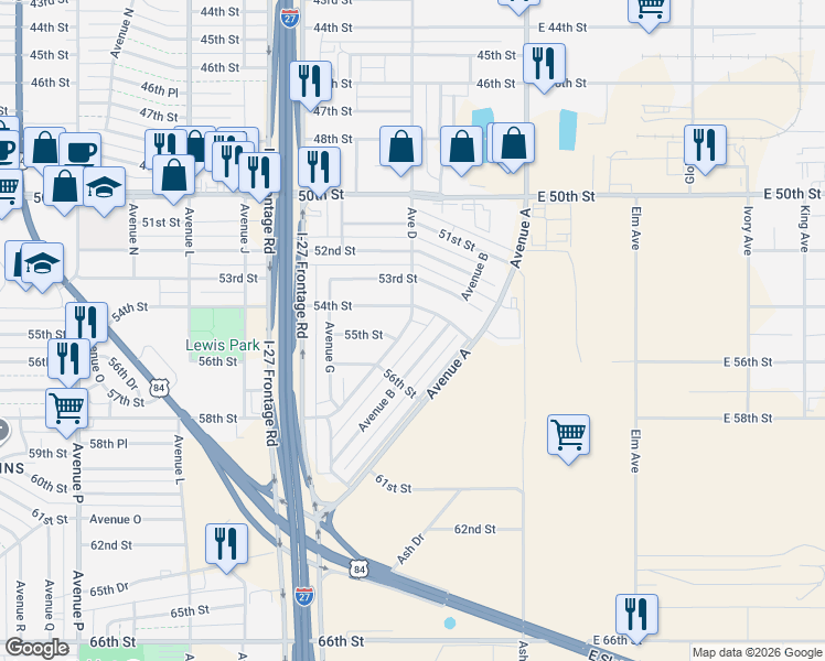 map of restaurants, bars, coffee shops, grocery stores, and more near 5408 Avenue B in Lubbock
