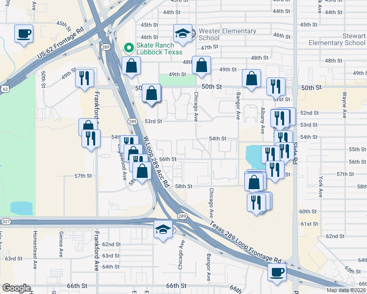 map of restaurants, bars, coffee shops, grocery stores, and more near 4715 West Loop 289 in Lubbock