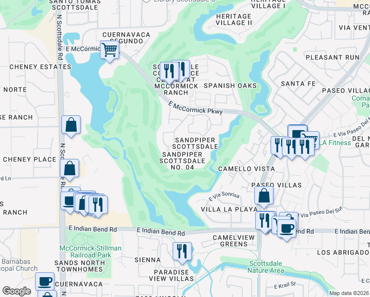 map of restaurants, bars, coffee shops, grocery stores, and more near 7408 North Yuma Road in Scottsdale