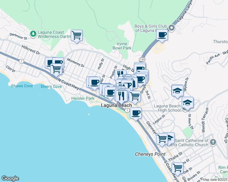map of restaurants, bars, coffee shops, grocery stores, and more near in Laguna Beach