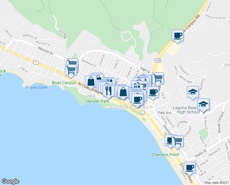 map of restaurants, bars, coffee shops, grocery stores, and more near 281 Cypress Drive in Laguna Beach