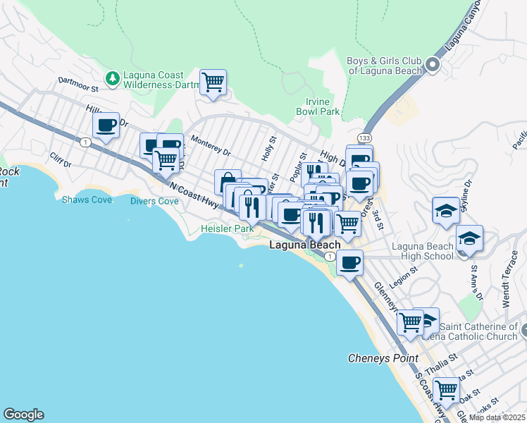 map of restaurants, bars, coffee shops, grocery stores, and more near 281 Cypress Drive in Laguna Beach