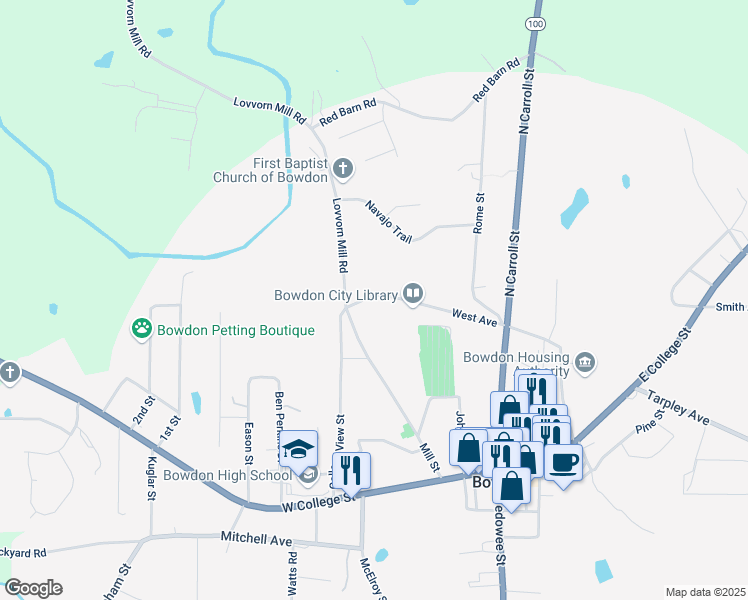 map of restaurants, bars, coffee shops, grocery stores, and more near 482 West Avenue in Bowdon