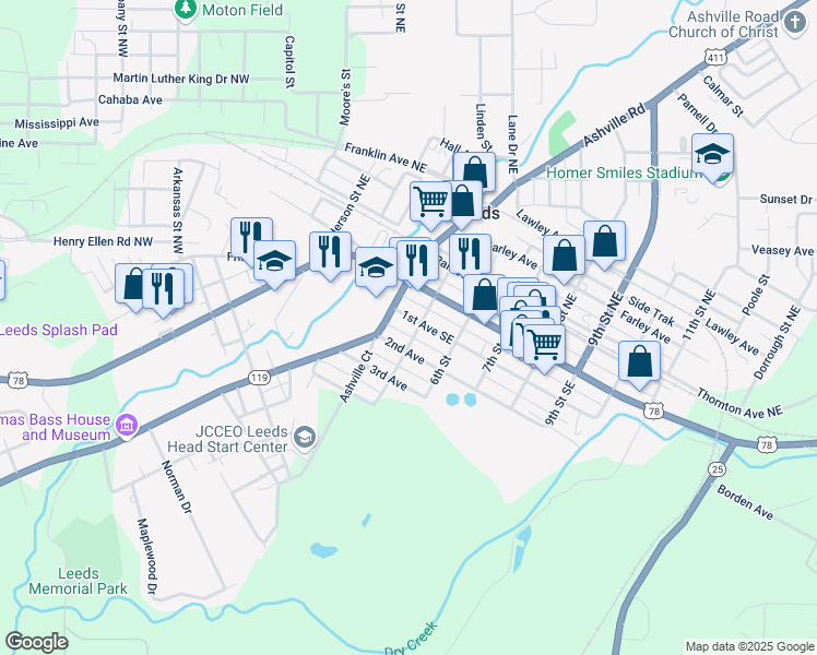 map of restaurants, bars, coffee shops, grocery stores, and more near 8313 1st Avenue Southeast in Leeds