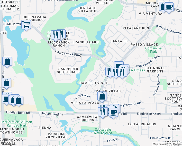 map of restaurants, bars, coffee shops, grocery stores, and more near 7344 North Vía Camello Del Norte in Scottsdale