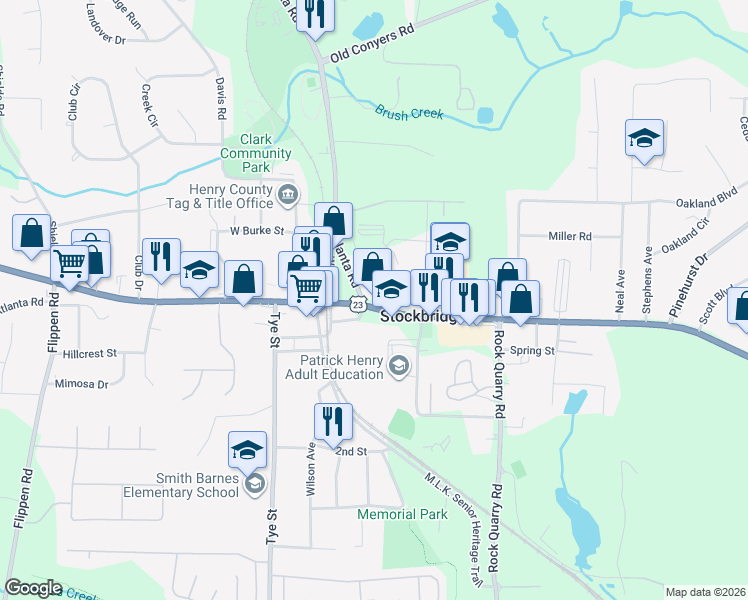 map of restaurants, bars, coffee shops, grocery stores, and more near 4632 North Henry Boulevard in Stockbridge
