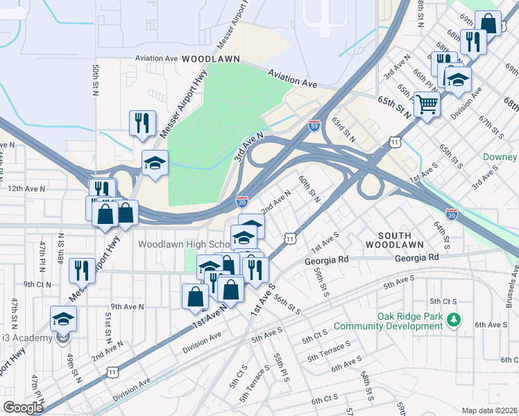 map of restaurants, bars, coffee shops, grocery stores, and more near 204 58th Street North in Birmingham