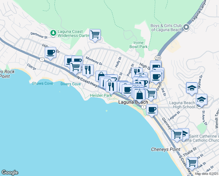 map of restaurants, bars, coffee shops, grocery stores, and more near 364 North Coast Highway in Laguna Beach