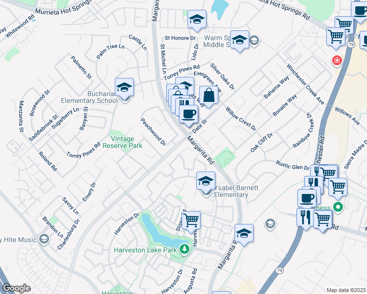 map of restaurants, bars, coffee shops, grocery stores, and more near 29004 Bridgehampton Road in Temecula