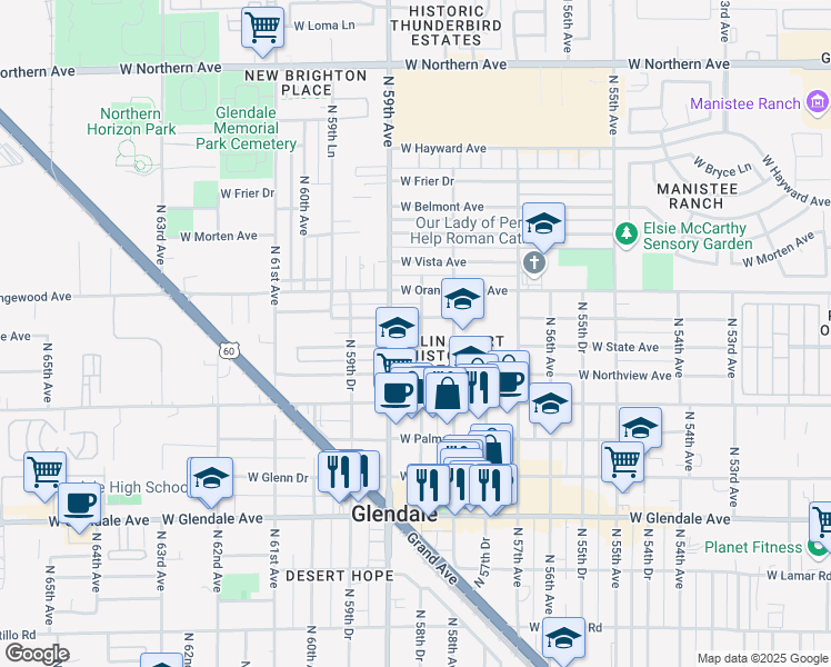 map of restaurants, bars, coffee shops, grocery stores, and more near 7308 North 58th Drive in Glendale