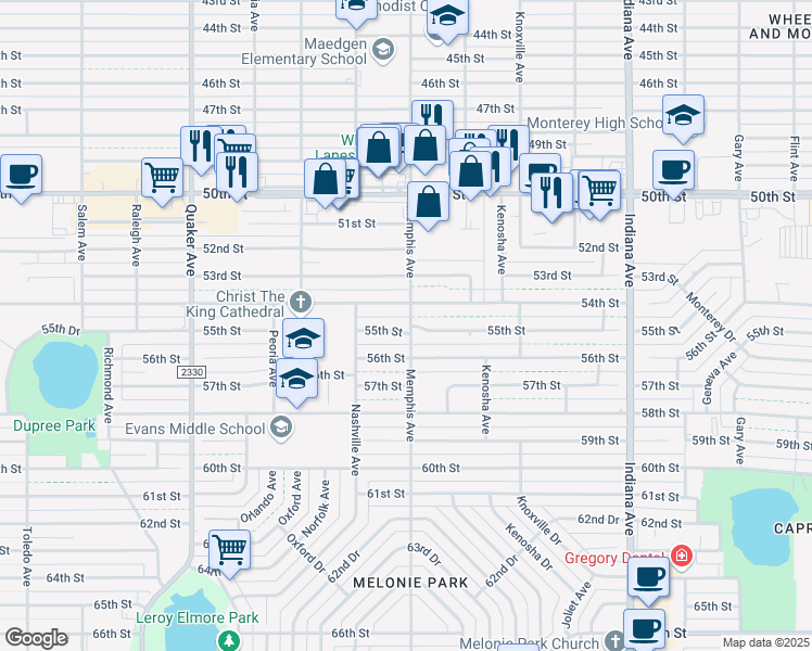 map of restaurants, bars, coffee shops, grocery stores, and more near 3802 55th Street in Lubbock