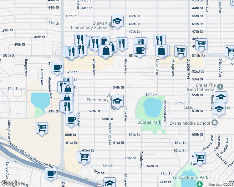 map of restaurants, bars, coffee shops, grocery stores, and more near 4812 55th Street in Lubbock