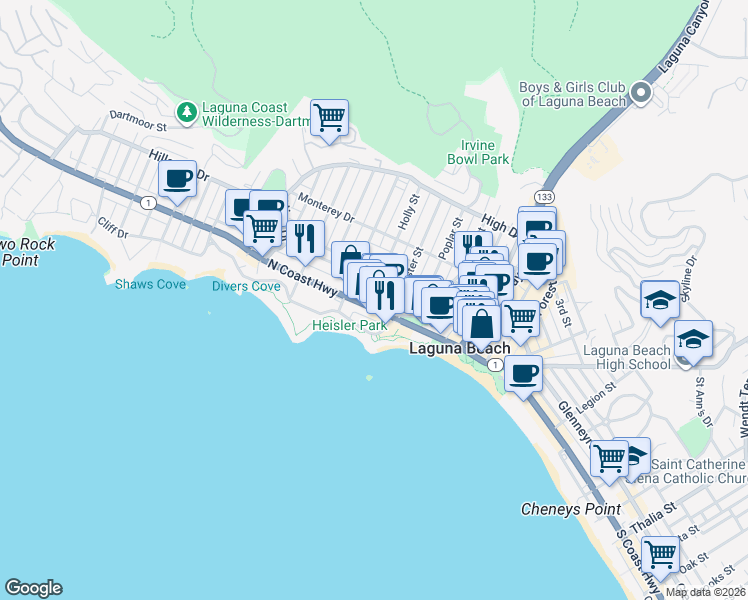 map of restaurants, bars, coffee shops, grocery stores, and more near 364 North Coast Highway in Laguna Beach