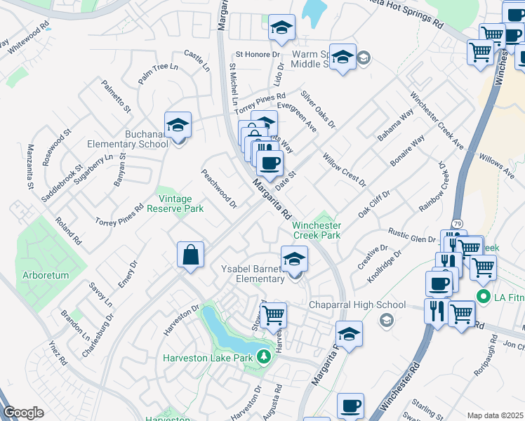 map of restaurants, bars, coffee shops, grocery stores, and more near 29004 Bridgehampton Road in Temecula