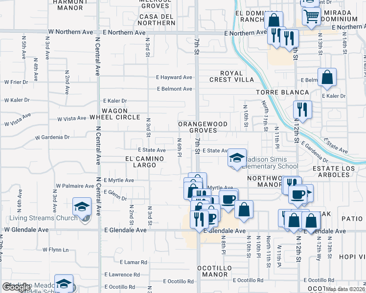 map of restaurants, bars, coffee shops, grocery stores, and more near 7301 North 6th Place in Phoenix