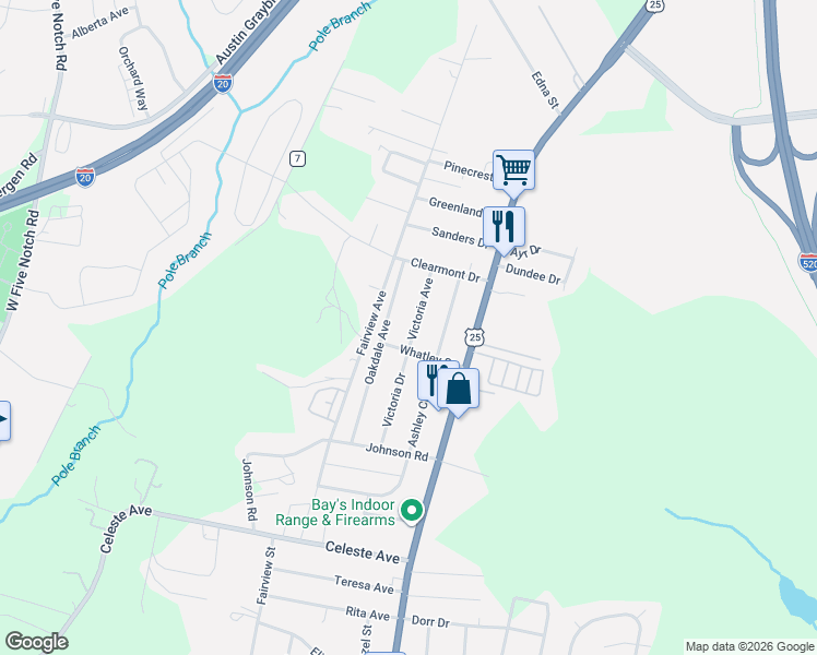 map of restaurants, bars, coffee shops, grocery stores, and more near 626 Victoria Drive in North Augusta