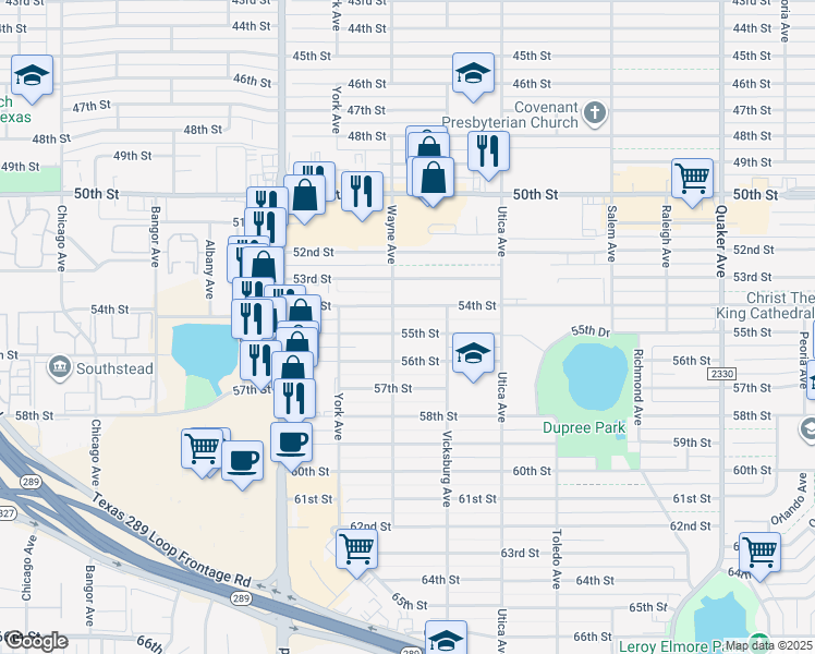 map of restaurants, bars, coffee shops, grocery stores, and more near 4916 55th Street in Lubbock