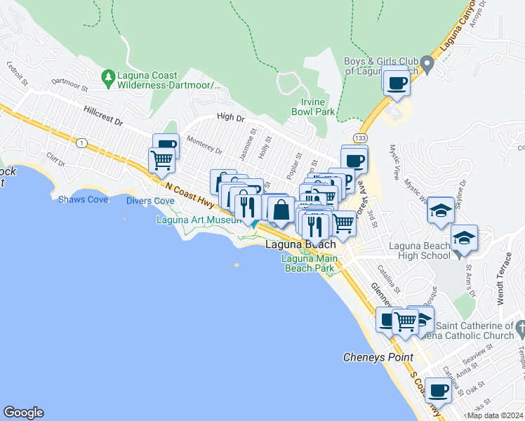 map of restaurants, bars, coffee shops, grocery stores, and more near 291 Cypress Drive in Laguna Beach