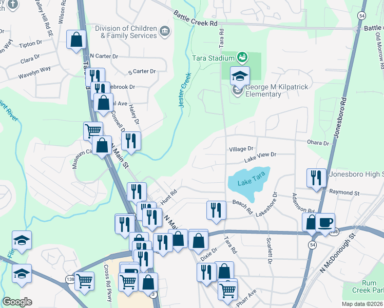 map of restaurants, bars, coffee shops, grocery stores, and more near 901 Olde Town Place in Jonesboro