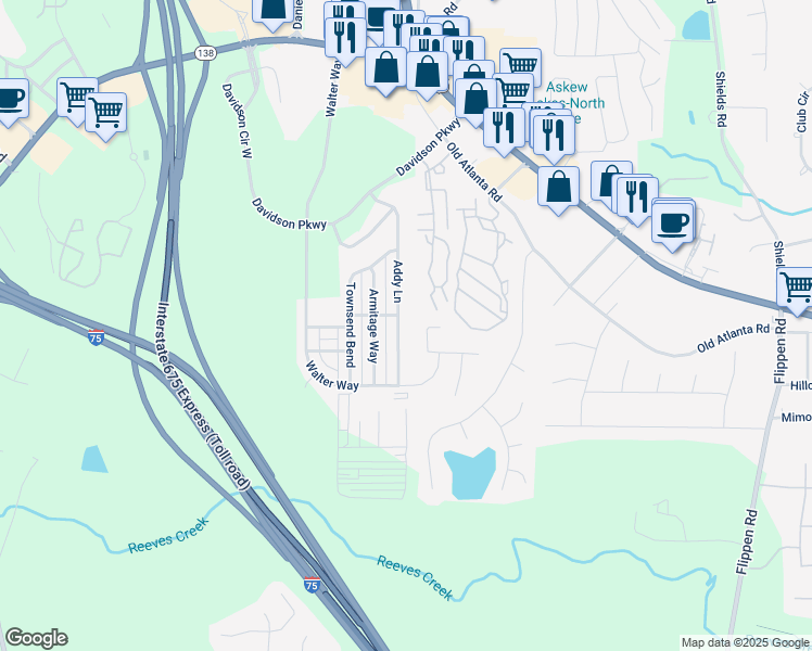 map of restaurants, bars, coffee shops, grocery stores, and more near 225 Addy Lane in Stockbridge