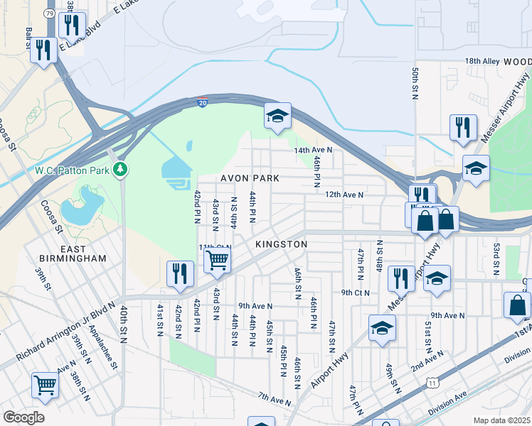 map of restaurants, bars, coffee shops, grocery stores, and more near 1120 45th Street North in Birmingham
