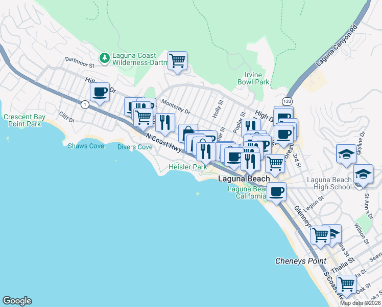 map of restaurants, bars, coffee shops, grocery stores, and more near 374 North Pacific Coast Highway in Laguna Beach