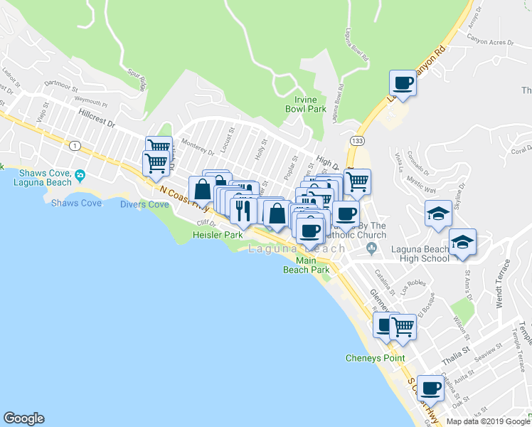 map of restaurants, bars, coffee shops, grocery stores, and more near 269 Cypress Drive in Laguna Beach