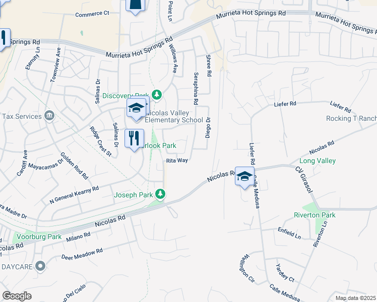 map of restaurants, bars, coffee shops, grocery stores, and more near 39672 Meadow View Circle in Temecula
