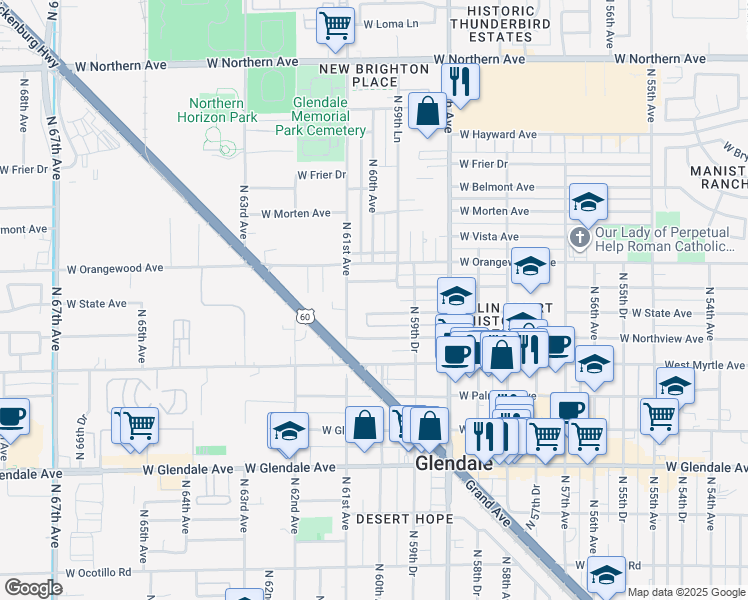 map of restaurants, bars, coffee shops, grocery stores, and more near 7317 North 61st Avenue in Glendale