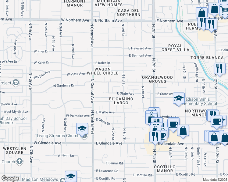 map of restaurants, bars, coffee shops, grocery stores, and more near 116 East State Avenue in Phoenix