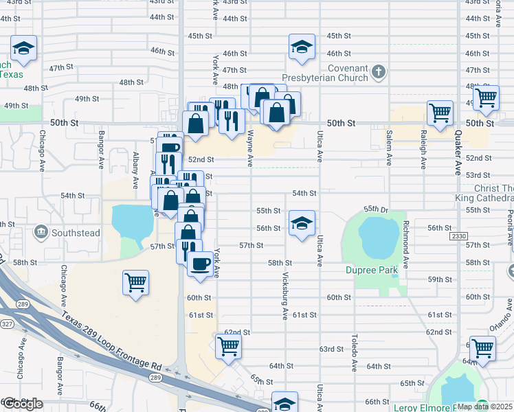 map of restaurants, bars, coffee shops, grocery stores, and more near 4916 55th Street in Lubbock