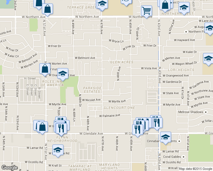 map of restaurants, bars, coffee shops, grocery stores, and more near 7314 North 46th Circle in Glendale