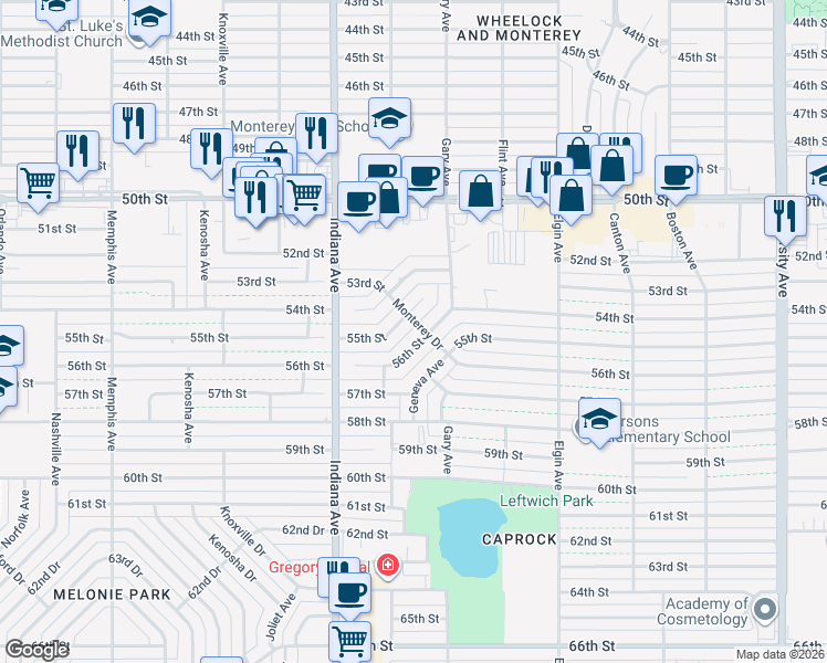 map of restaurants, bars, coffee shops, grocery stores, and more near 3202 56th Street in Lubbock