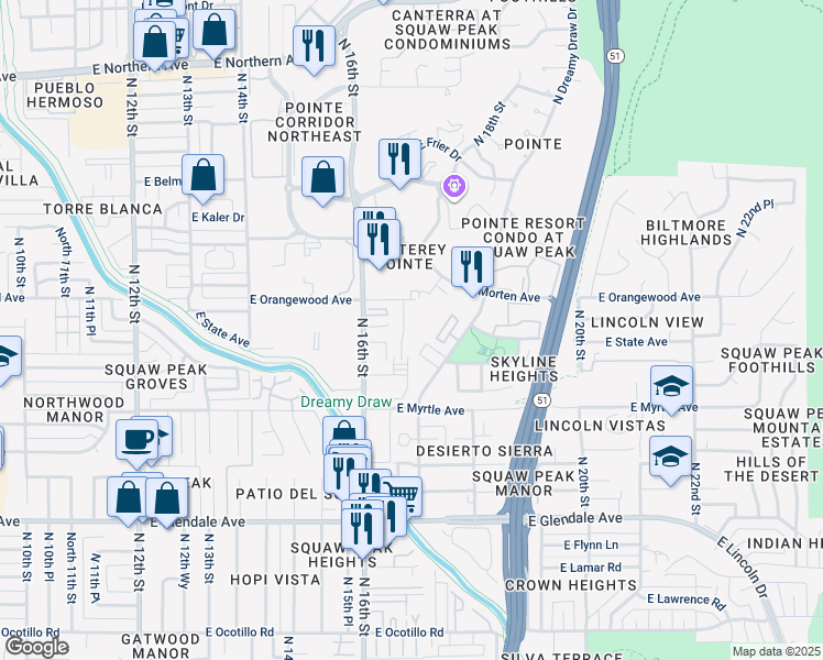 map of restaurants, bars, coffee shops, grocery stores, and more near 7323 North 16th Place in Phoenix