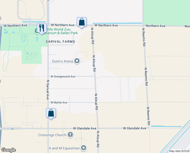 map of restaurants, bars, coffee shops, grocery stores, and more near 7501 North Alsup Road in Litchfield Park