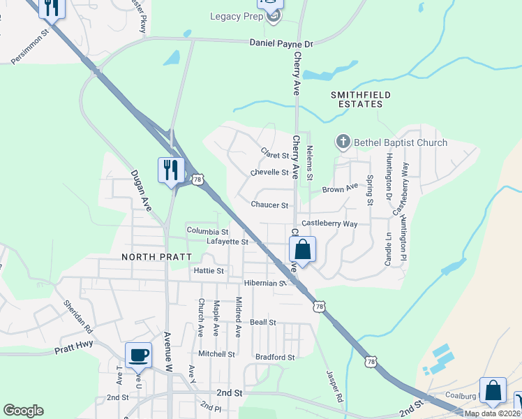 map of restaurants, bars, coffee shops, grocery stores, and more near 1459 Chaucer Street in Birmingham