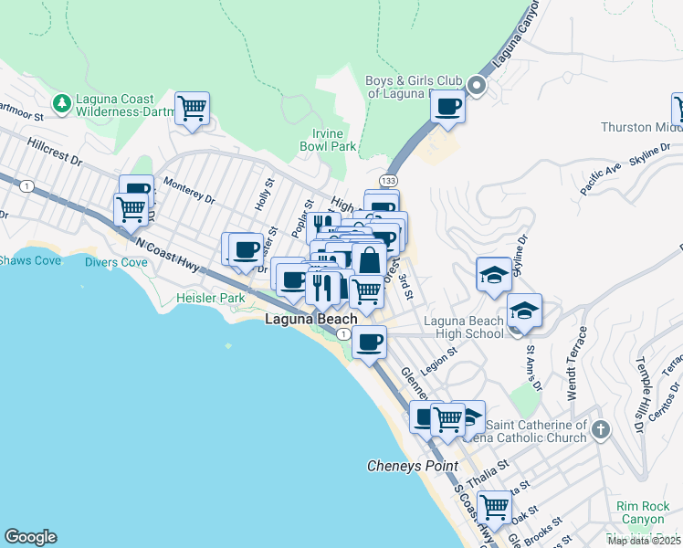 map of restaurants, bars, coffee shops, grocery stores, and more near 177 Lower Cliff Drive in Laguna Beach