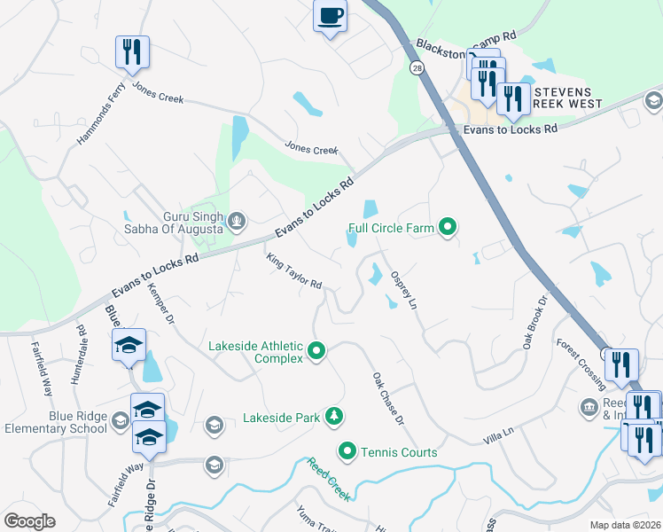 map of restaurants, bars, coffee shops, grocery stores, and more near 531 Meldon Road in Evans