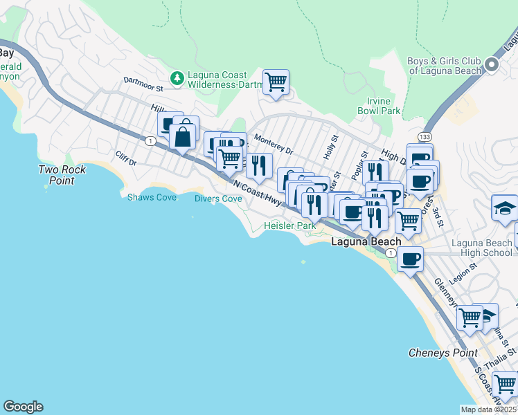 map of restaurants, bars, coffee shops, grocery stores, and more near 484 Cliff Drive in Laguna Beach