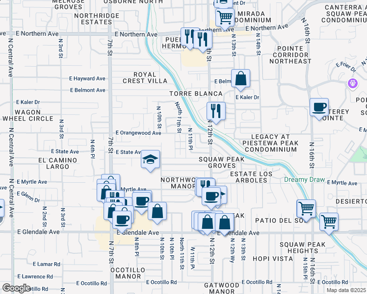 map of restaurants, bars, coffee shops, grocery stores, and more near 7335 North 11th Street in Phoenix