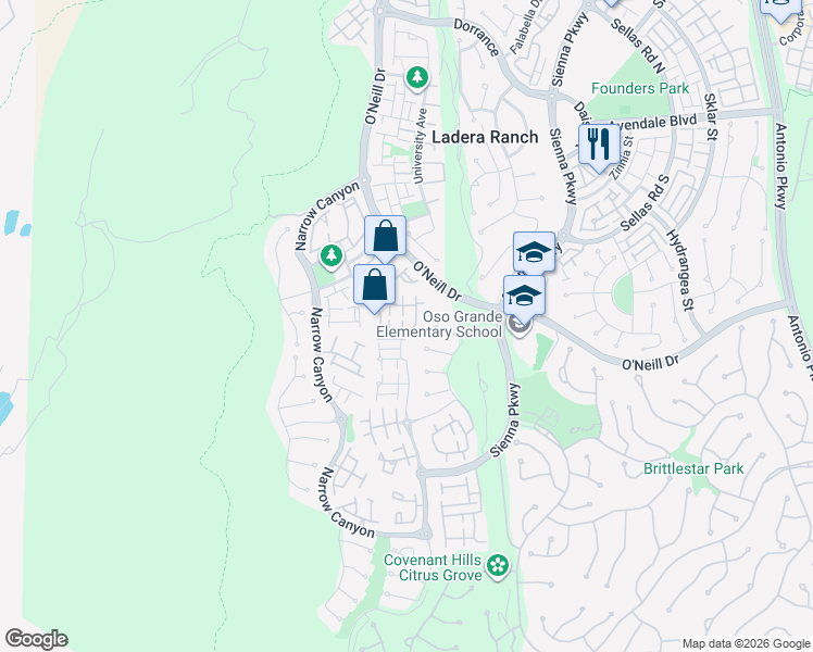 map of restaurants, bars, coffee shops, grocery stores, and more near 57 Hinterland Way in Ladera Ranch