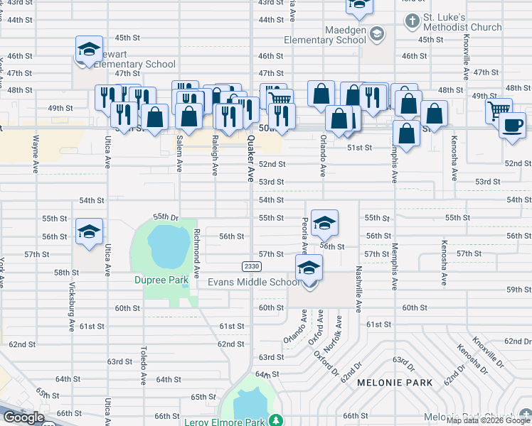 map of restaurants, bars, coffee shops, grocery stores, and more near 4320 55th Street in Lubbock