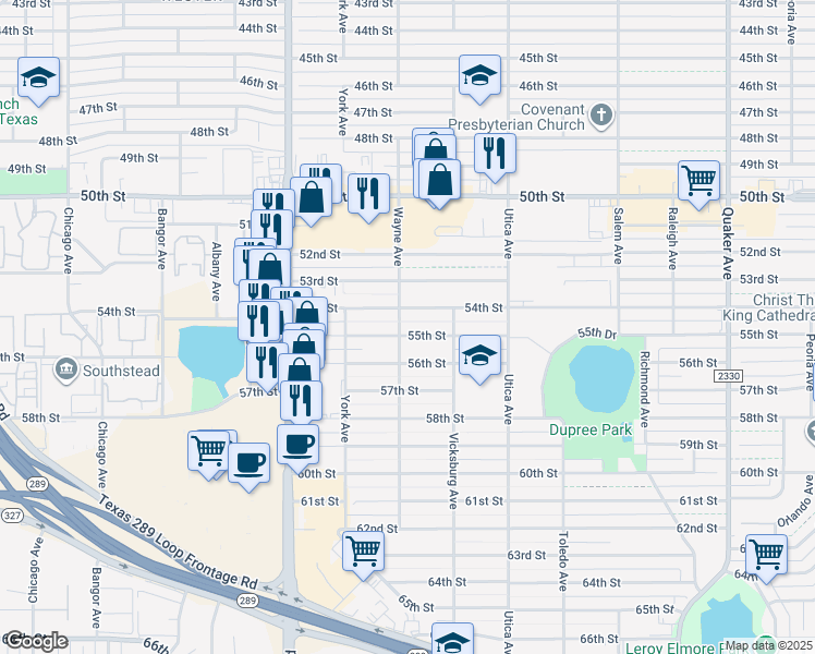 map of restaurants, bars, coffee shops, grocery stores, and more near 4916 55th Street in Lubbock