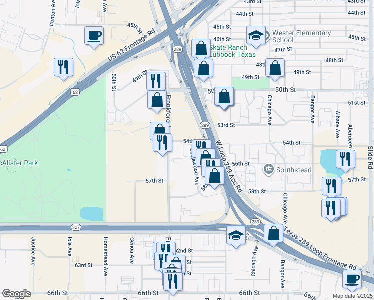 map of restaurants, bars, coffee shops, grocery stores, and more near 5310 Englewood Ave in Lubbock