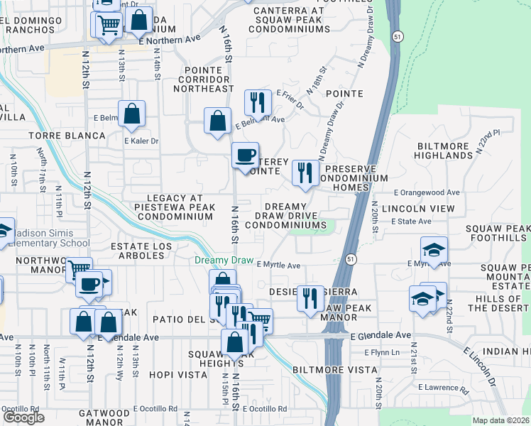map of restaurants, bars, coffee shops, grocery stores, and more near 7323 North 16th Place in Phoenix