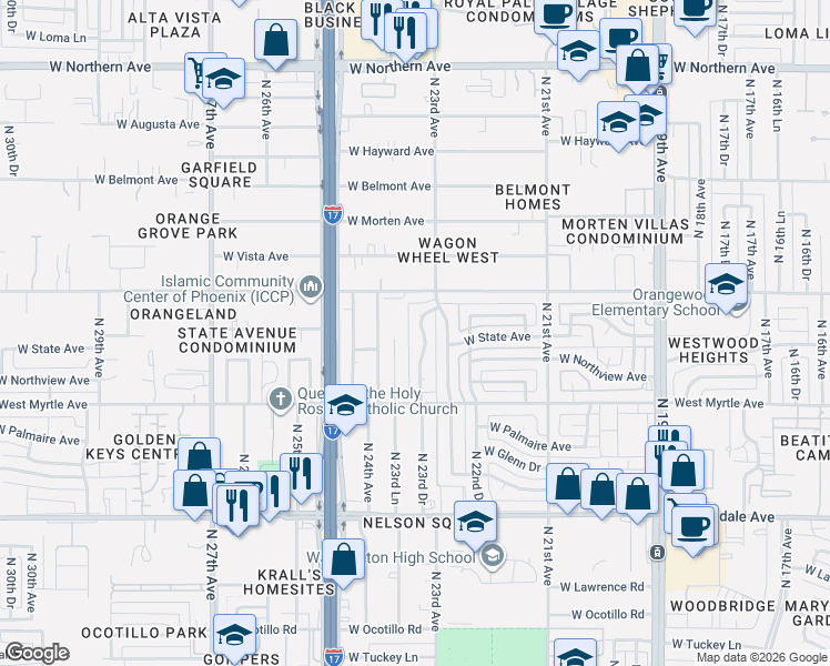 map of restaurants, bars, coffee shops, grocery stores, and more near 7307 North 23rd Drive in Phoenix